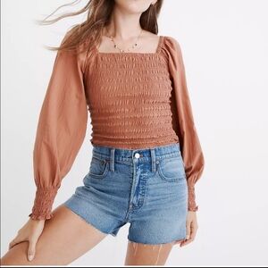 Madewell Coral Lucie Bubble-Sleeve Smocked Top